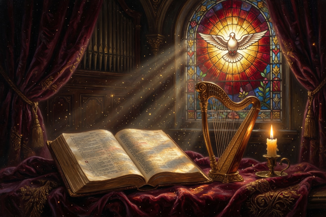 Open Bible, golden harp, and stained-glass dove for Praise Music