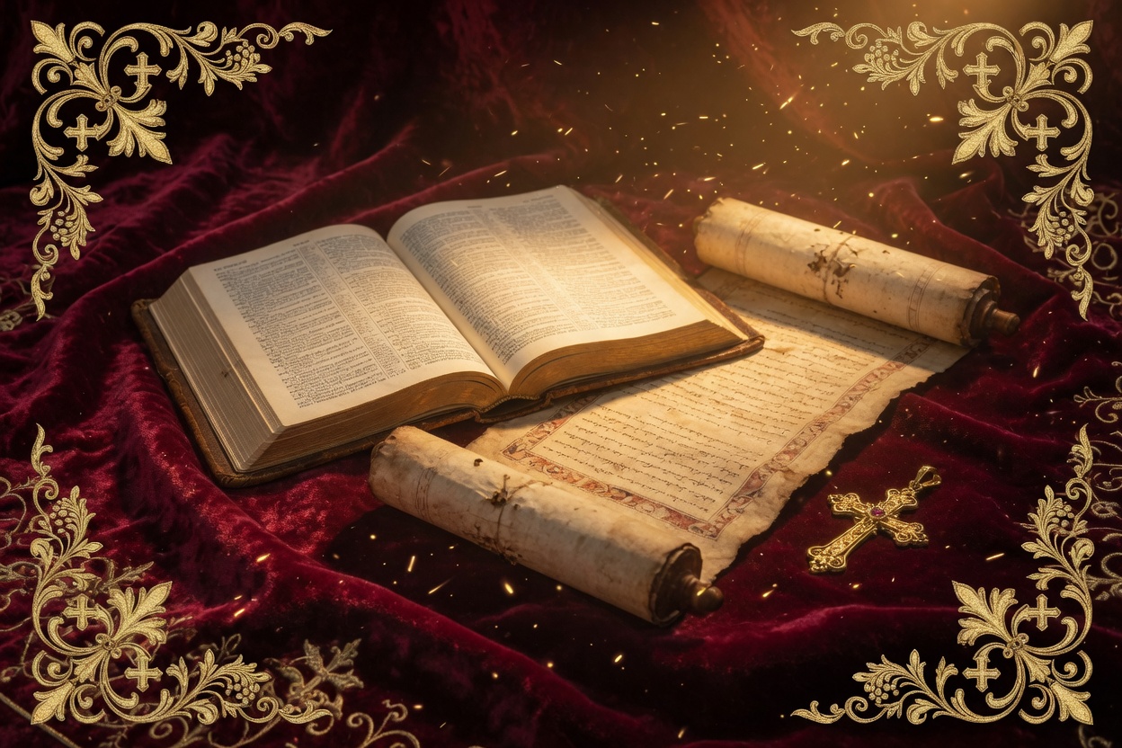 Open Bible and prophecy scroll on crimson velvet